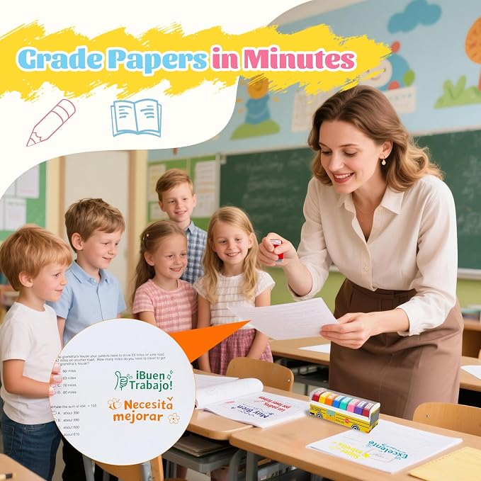 8Pcs Spanish Teacher Stamps for Classroom Rubber Self Inking Grading Stamps Set Motivation Teacher Stamp Set for Bilingual School Elementary Kid Homework Reward Supplies, Sellos para Maestros