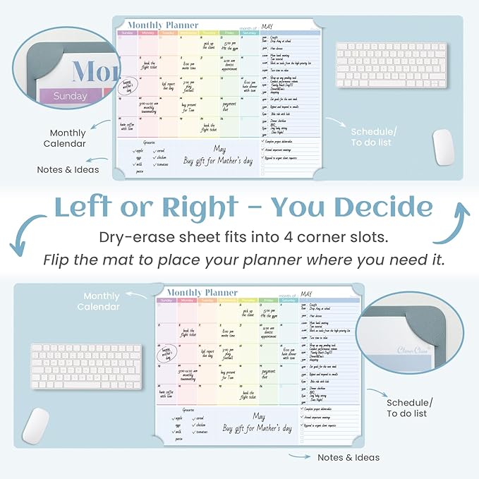 Multi-Functional Dual-Layer Dry Erase Desk Mat, Dry Erase Calendar for Desk - Erasable Desktop Writing Board with Calendar - Non-Slip Faux Leather Desk Protector for Home&Office - 16"x34" Blue