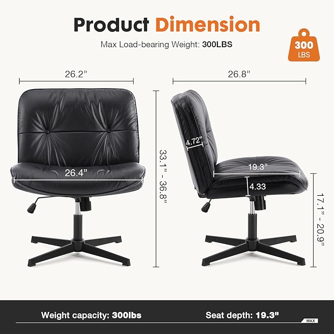 Sweetcrispy Criss Cross Armless Office Chair - PU Leather Adjustable 360° Swivel Wide Seat with Thick Padding, Ergonomic Rolling Computer Desk Task Chair for Modern Vanity & Makeup