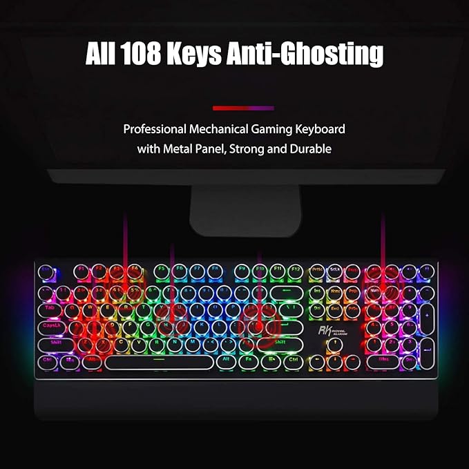 RK ROYAL KLUDGE S108 Typewriter Mechanical Keyboard, Full RGB Gaming Keyboard, Wired PC Game Keyboards with Number Pad and Detachable Wrist Rest, Retro Round Keycaps, Brown Switches Black