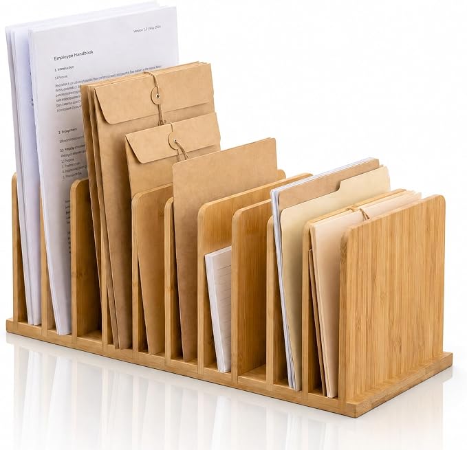 Suzile Bamboo File Mail Organizer for Desk, 10 Slot Vertical File Sorter,Letter Sorter, Desktop Mail Holder, Wooden Office Desk Organizer Countertop Paper Holders for Documents, Envelope