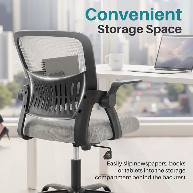 OLIXIS Ergonomic Office Desk Chair, Executive Mid-Back Computer Chair with Comfortable Lumbar Support & Rocking Mode, Height Adjustable with Flip-up Armrest, 360° Swivel, for Adults, Grey