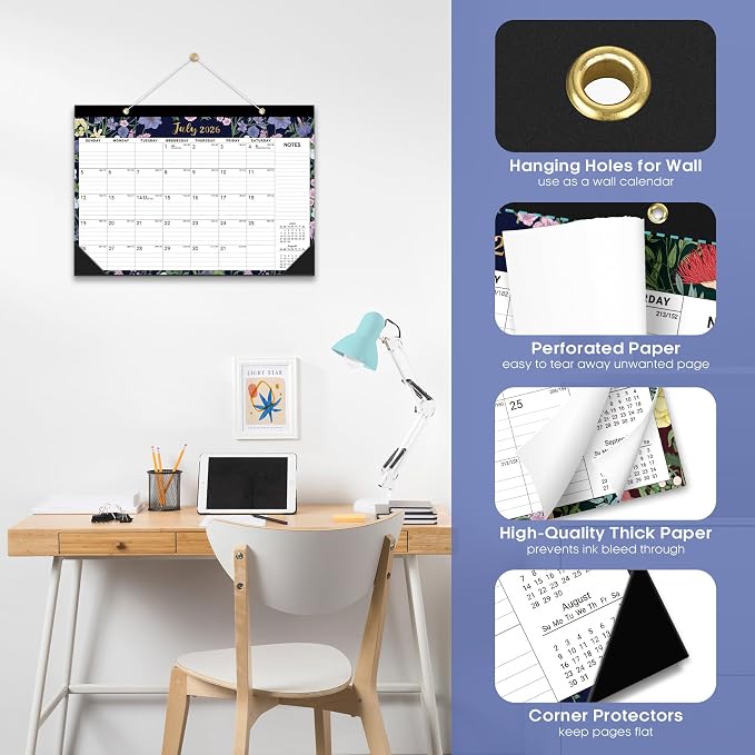 Desk Calendar 2026-2027, 18-Month Calendar Runs from July 2026 to December 2027, Large 17" x 12" Monthly Desktop & Wall Calendar for Home & Office - Midnight Garden