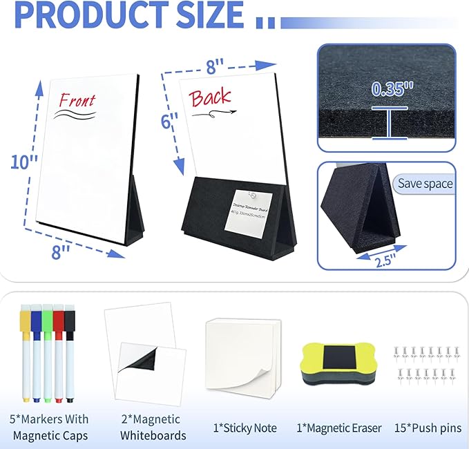 BXI Felt Small Desktop Whiteboard Combo- 8 x 9.5 Inches Double-Sided Magnetic Dry Erase Board, Portable Reusable Desk Notepad with Stand, Versatile Writing Sticky Note Board for Office Home School
