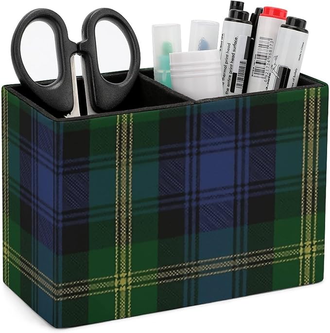 Tartan PU Leather Pen Holder Desk Organizer, 2-Compartment Pencil Container for Office, Home, Vanity Use