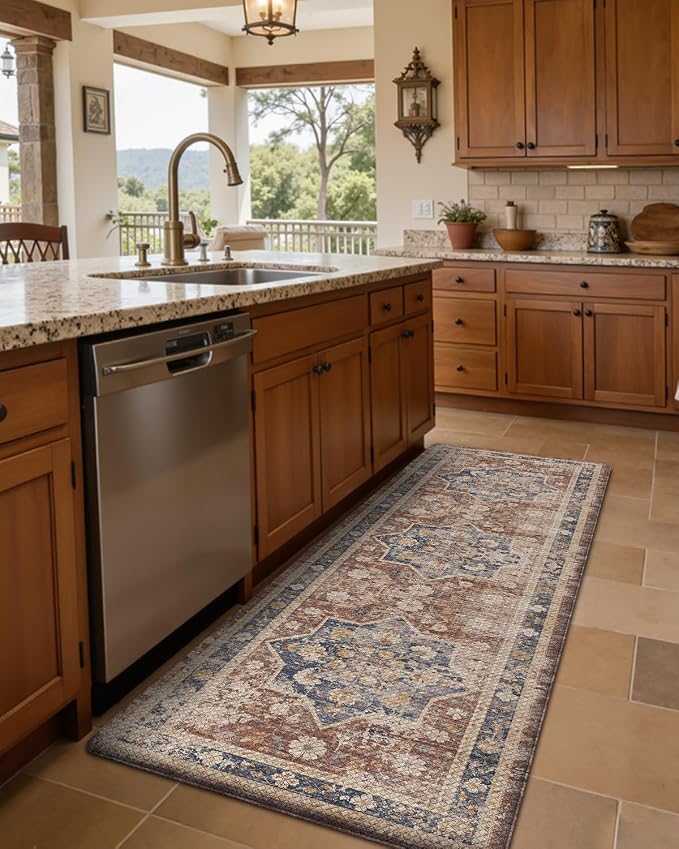 DEXI Kitchen Floor Mats Anti Fatigue, 23x59 Large Cushioned Vintage Runner Rug Waterproof, Standing Comfort Memory Foam Padded for Front Sink Laundry Office, Reddish Brown