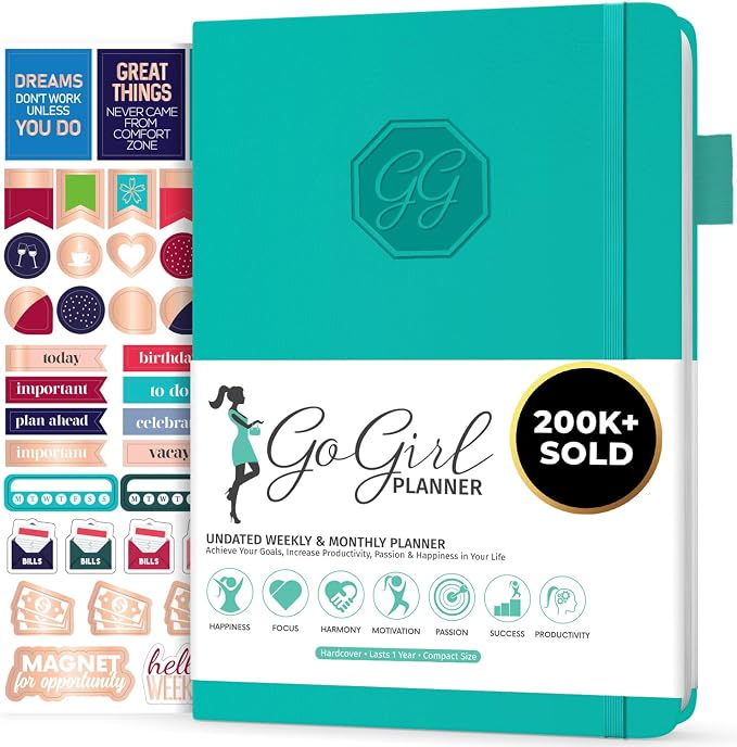 GoGirl Planner and Organizer for Women – Compact Size Weekly Planner, Goals Journal & Agenda to Improve Time Management, Productivity & Live Happier. Undated – Start Anytime, Lasts 1 Year – Turquoise