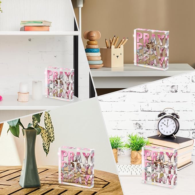 Religious Gifts for Women, Pink Inspirational Decor Pray Over It Bible Verse Art Christian Gifts, 4x 4 Inches Office Desk Accessories Decor Sign
