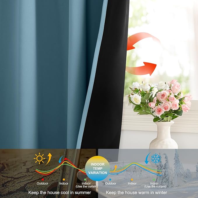 NICETOWN Smoky Blue 100% Blackout Curtains 84 inches Long - 2 Panels, 52 inches Wide Each Panel, Thermal Insulated, Energy Efficient Rod Pocket Window Drapes for Bedroom, Nursery, Living Room