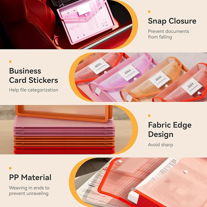 ABC life 6-Pack Plastic Expanding File Folders, Translucent Plastic Envelopes with Snap Closure, Large Capacity, Paper Storage Fits Letter/A4 Size - Warm Pink