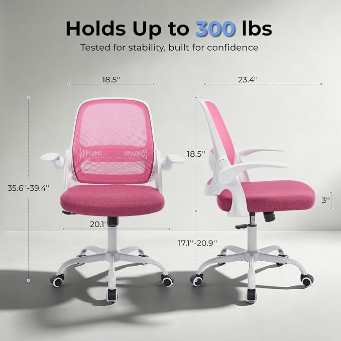 Ergonomic Mesh Office Chair for Home Office, Flip-Up Arms, Breathable Mesh Back & Thick Seat Cushion, Swivel Rolling Computer Desk Chair – BIFMA Certified, Supports 300 lbs (White Frame/Pink Seat)