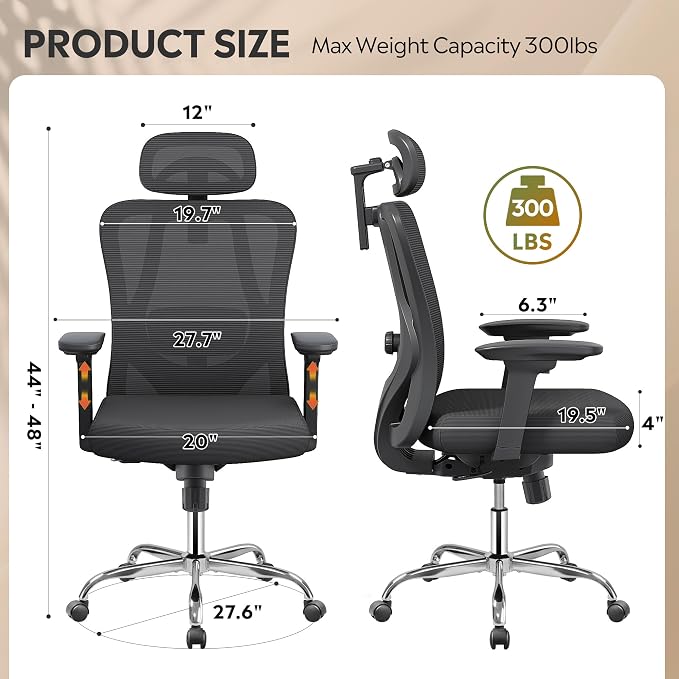 DEVAISE Ergonomic Mesh Office Chair with Adjustable 3D Headrest and Tilt Function, Big and Tall Reclining Comfy Home Computer Desk Chair with Lumbar Support and 3D Armrests, Black