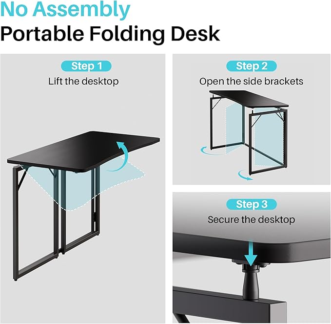 JOYMOOP Black 31.5" Folding Desk, No Assembly Small Foldable Desk for Home, Office, Wooden Top Folding Computer Desk for Working, Writing, Studying