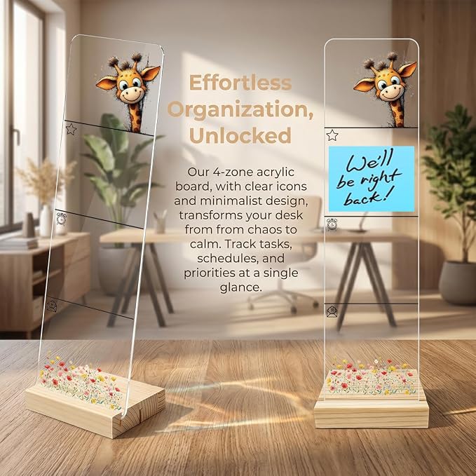 Sticky Note Holder, Monitor Memo Board, Acrylic Post It Note Holder with Wooden Base, Includes 200 Notes, Desk Organizer for Office, Cute Giraffe Design