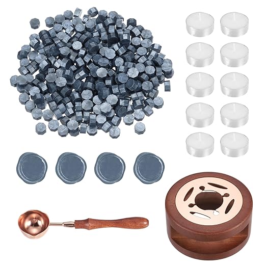 PATIKIL Wax Seal Kit, 300 Pcs Wax Sealing Beads, Wooden Warmer, Melted Spoon, 10 Pcs Tealight Candles for Envelope Letter Mailing Crafts DIY, Gray Blue