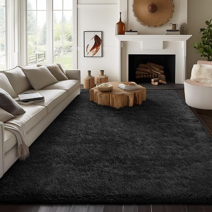 Ophanie 8x10 Black Area Rugs for Living Room,Large Shag Bedroom Carpet,Big Indoor Thick Soft Shaggy Nursery Rug,Fluffy Carpets for Boy and Girls Room Dorm Decor Aesthetic with Over 99 pcs Pile fibers