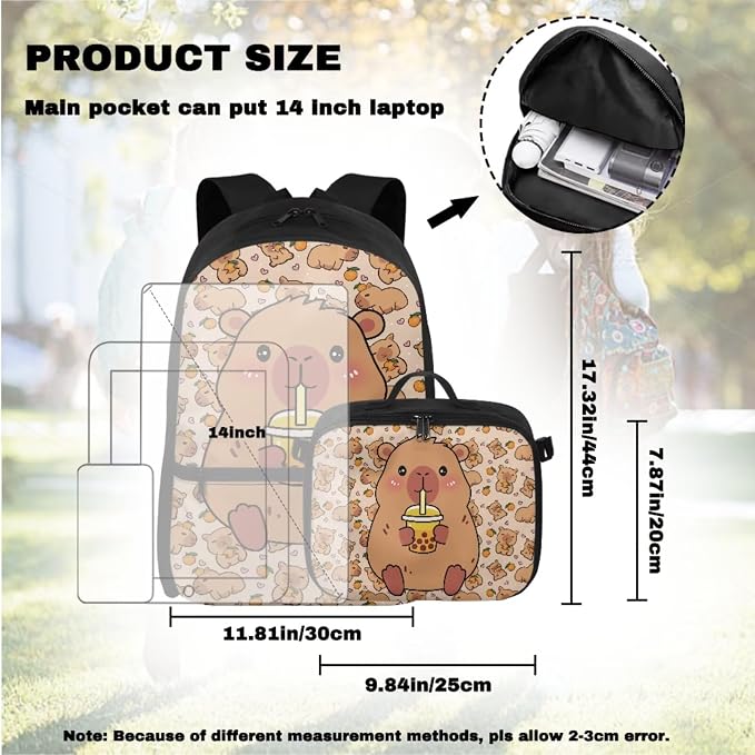 Doojoayie Kawaii Capybara School Backpack for Girls with Lunch Box Complete Set Cute Backpacks for Girls 9-10 Fashion Backpack with Multiple Compartments for Preschool Kindergarten