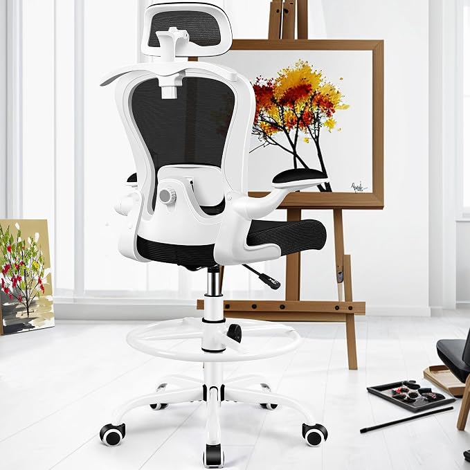 AtHope Drafting Chair, Tall Office Chair with 3D Lumbar & Head Support | Ergonomic Mesh Standing Desk Chair with Footrest Ring, Comfy Extended High Desk Chair with Flip-Up Arms & Hanger, White