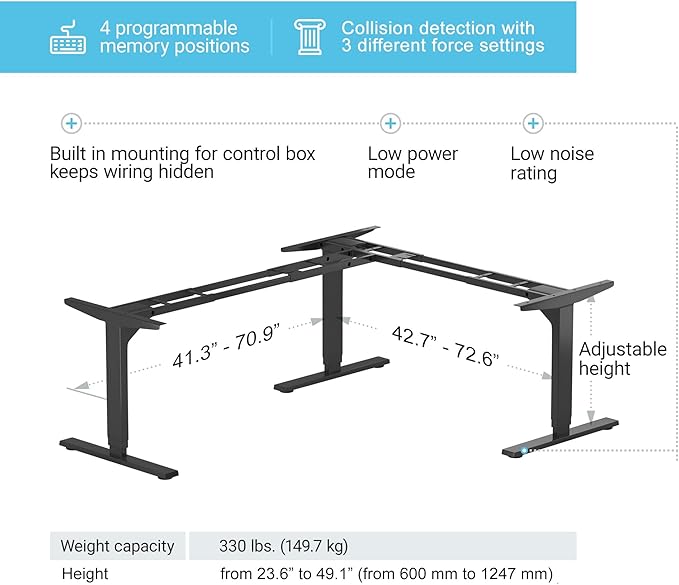 Standing Desk Corner Frame - Adjustable Height and Width Legs with Triple Electric Motors for Home Office L Shaped Desk FLT-05 Black