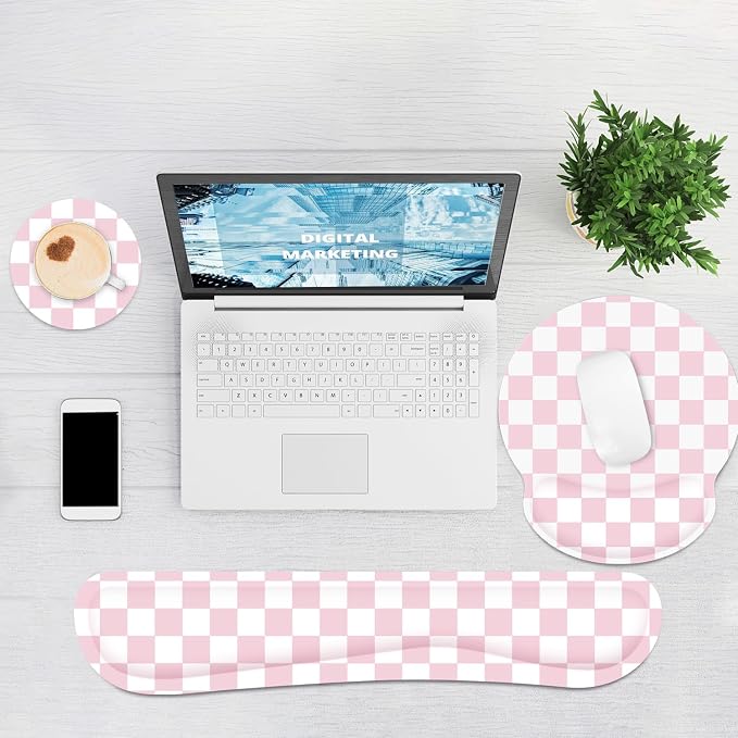 Ergonomic Mouse Pad with Wrist Rest and Keyboard Wrist Rest, Mousepad and Wrist Rest for Computer Keyboard, Pain Relief, Non-Slip Base, Mouse Pad with Wrist Support for Gaming, Office, Pink Checkered