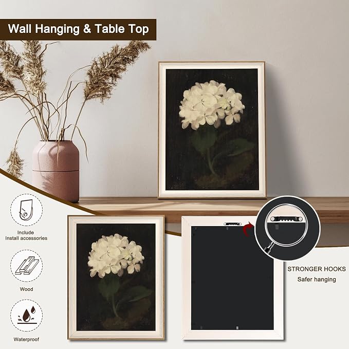Framed Flower Wall Art, Vintage White Hydrangea Still Life Floral Art Prints, Moody Vintage Canvas Oil Painting, Antique Botanical Floral Wall Decor Pictures for Bedroom, Kitchen, Shelf, Bathroom Wall Decor - 16x24Inch