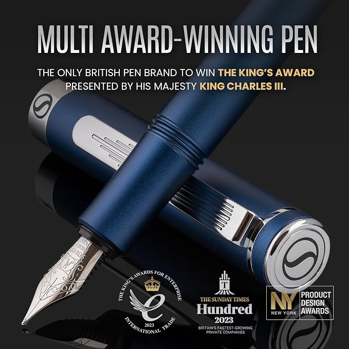 Scriveiner Luxury EDC Fountain Pen (Fine), Stunning Matt Blue Pocket Pen, Chrome Finish, Schmidt German Nib, Converter, Best Writing Pen Gift Set for Men & Women, Nice Fancy Office Designer Pen