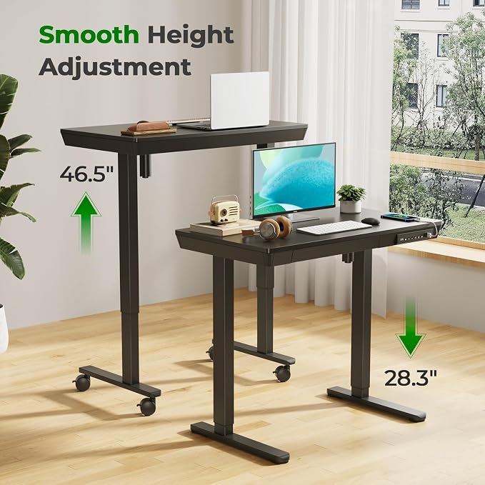 Electric Standing Desk with Drawer, 35" x 20" Whole Piece Tabletop Small Sit Stand Table, Height Adjustable Desk with Storage & USB Ports, Quick Install Home Office Computer Desk, Black