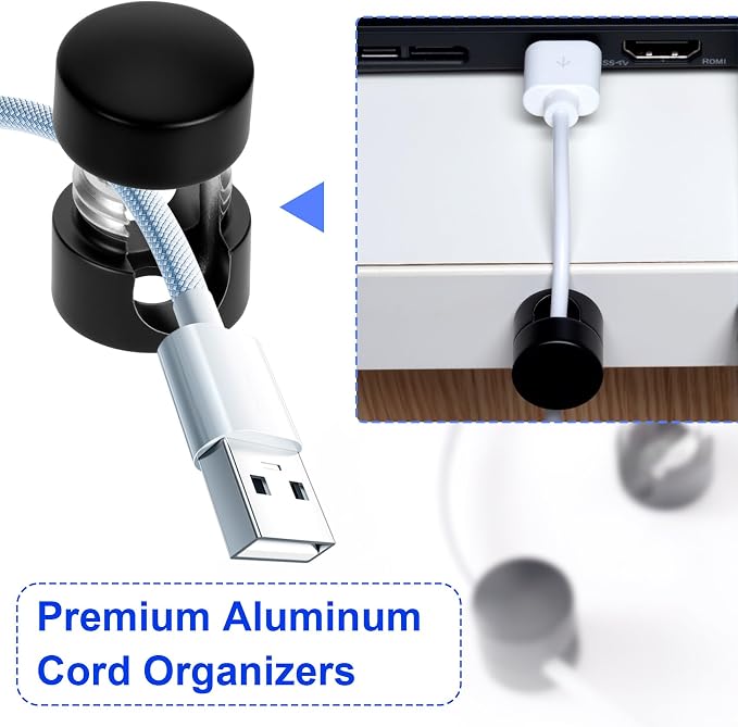 SmallCat 5 Sets Charger Holders for Cords, Matte Black Color Adjustable Cable Anchor Holders, Adhesive Metal Cord Clips, Cable Management Wire Organizers for Desk, Office, Nightstand