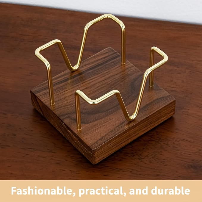 Walnut Wood Sticky Note Holder, 3 x 3 inch Self Stick Note Pad Holder, Post It Note Dispenser Desk Accessories for School and Office Desk Organizer, Gold