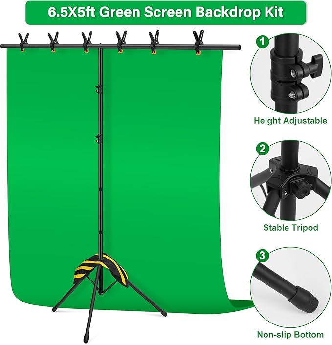 Green Screen Backdrop Kit 6.5X5ft,Portable greenscreen Background with Stand,Adjustable T-Shape Photo Backdrop Stand for Photography, Streaming,Video,Studio,Party,Zoom