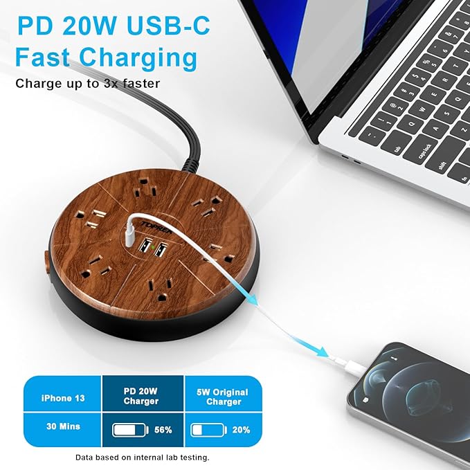 Power Strip with USB, PD 20W USB-C Charging, 6.5 FT Extension Cord with 6 Outlets, 1 USB-C, 2 USB-A, TOPREK Power Strip Surge Protector, Wood Finish Desk Charging Station for Home, Office, Dorm
