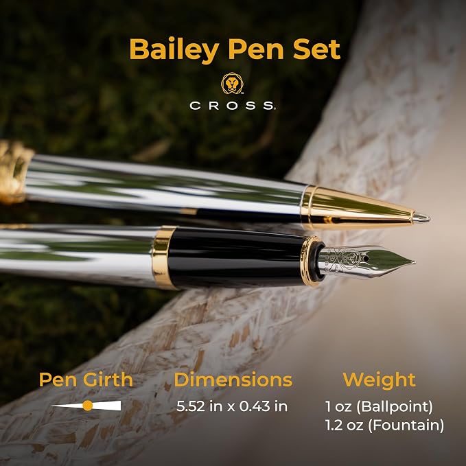 Cross Bailey Medalist Engraved Ballpoint and Fountain Pen Set, Chrome with 23K Gold Trim, Personalized Gift for Executives, Retirement, Career Advancement, Graduation, Gift Box Included