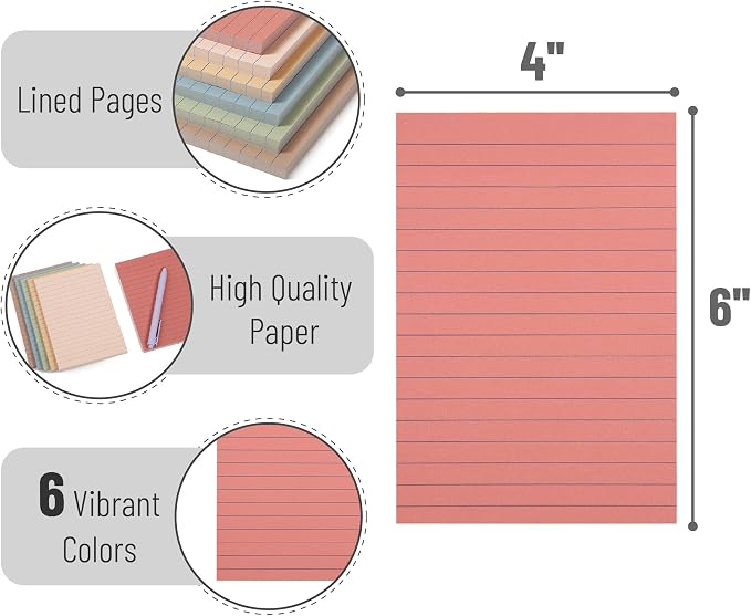 Mr. Pen- Lined Sticky Notes, 4" x 6", 6 Pads, 60 Sheets/Pad, Vintage Color | Sticky Notes with Lines, Ruled Post Stickies, Memo Pads, Self-Stick Note Pad for Office, School, Home, Study