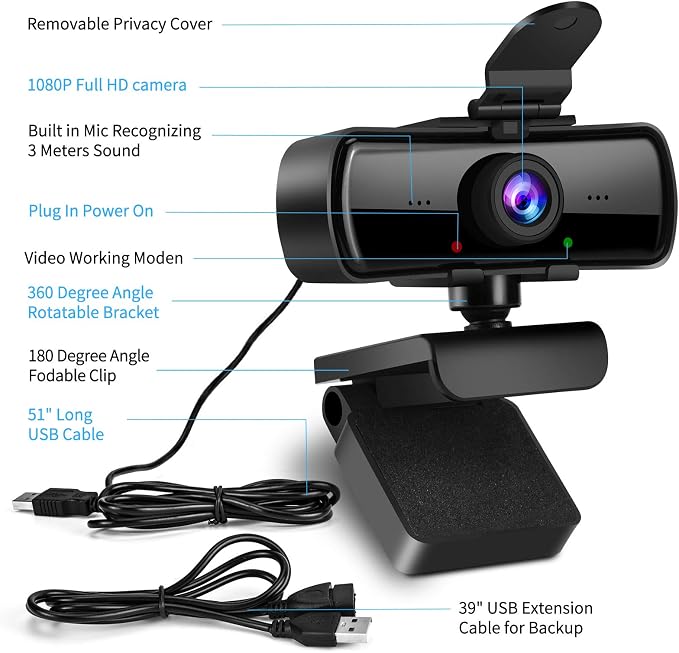 1080P HD Webcam with Microphone and Privacy Cover, USB Plug & Play Computer Camera, 120° Wide Angle Fixed Focus Web Camera for Video Conferencing, Online Learning, Streaming and Gaming
