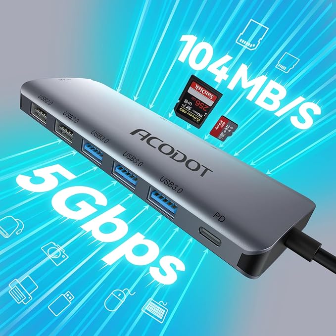 USB C Hub, Acodot 9-in-1 USB C Dongle, All-in-One USB C Hub Multiport Adapter with 3 x USB 3.0 ports, 4K HDMI, 100W Power Delivery, MicroSD/SD Card Reader for MacBook Air, MacBook Pro, XPS