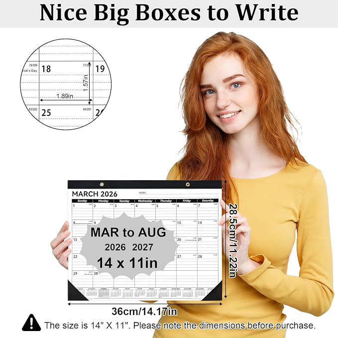 Desk Calendar 2026-2027, 14" X 11" Desktop Calendar 2026-2027, 18 Months Calander Runs from Mar. 2026 to Aug. 2027, Academic Monthly Planner for Home School Office (White and Black)