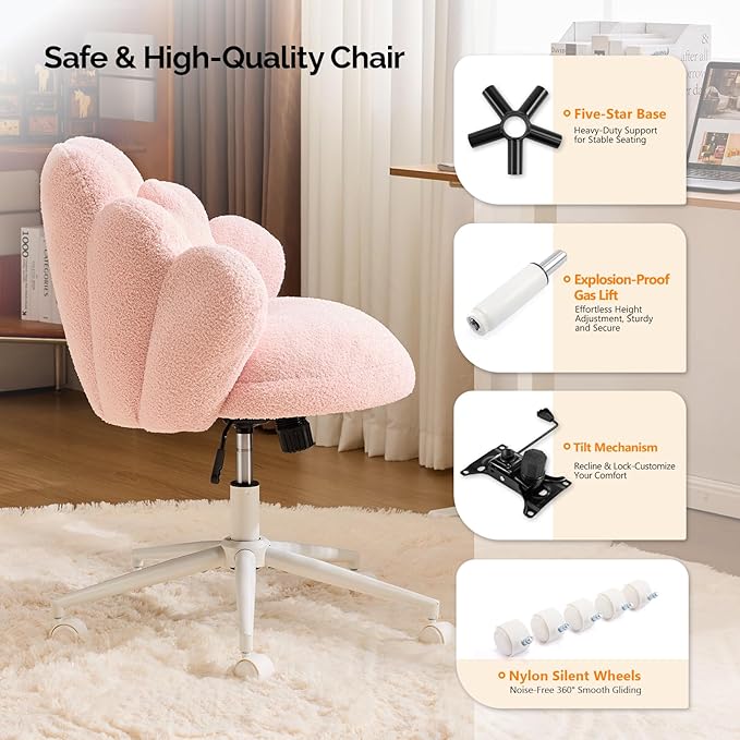 VINGLI Lovely Petal Vanity Desk Chair with Star Pillow, Height Adjustable Armless Swivel Chair in Vibrant Color-Blocking, Modern Computer Task Chair for Bedroom & Home Office, Teddy Fleece,Pink