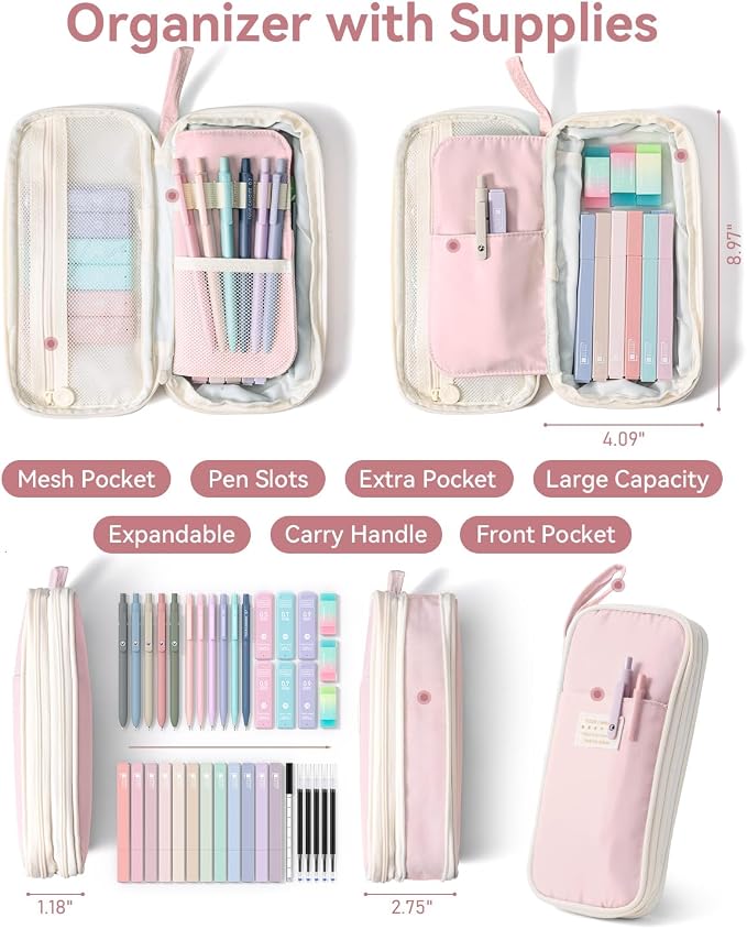 Four Candies 39 PCS Aesthetic Stationery Set with Cute Pen Case, College Supplies and Nursing Essentials, 12 Pastel Highlighters, 5 Black Gel Pens, 6 Mechanical Pencils, Pink