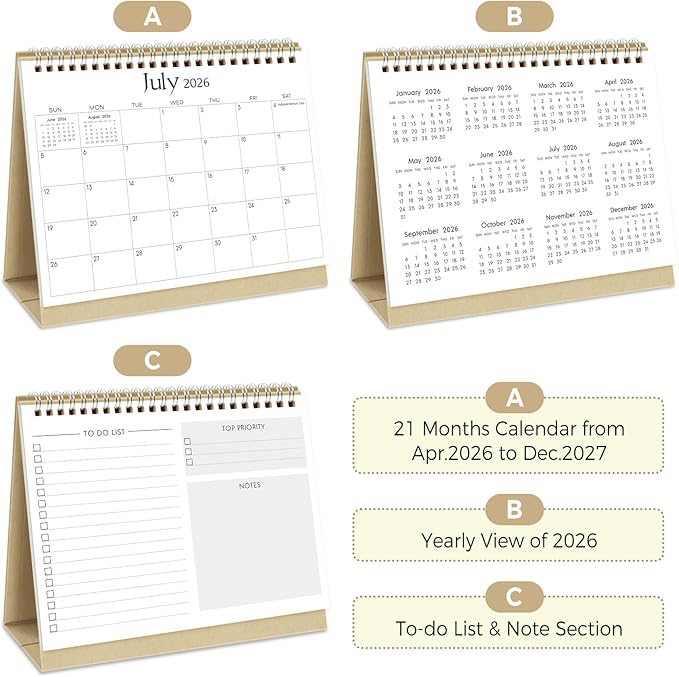 SKYDUE Small Desk Calendar 2026-2027, Apr. 2026 – Dec. 2027, 8.3" x 6.3", Black Minimalist Style, Double-Wire Binding, To-Do & Notes Sections, with 280 Planner Stickers