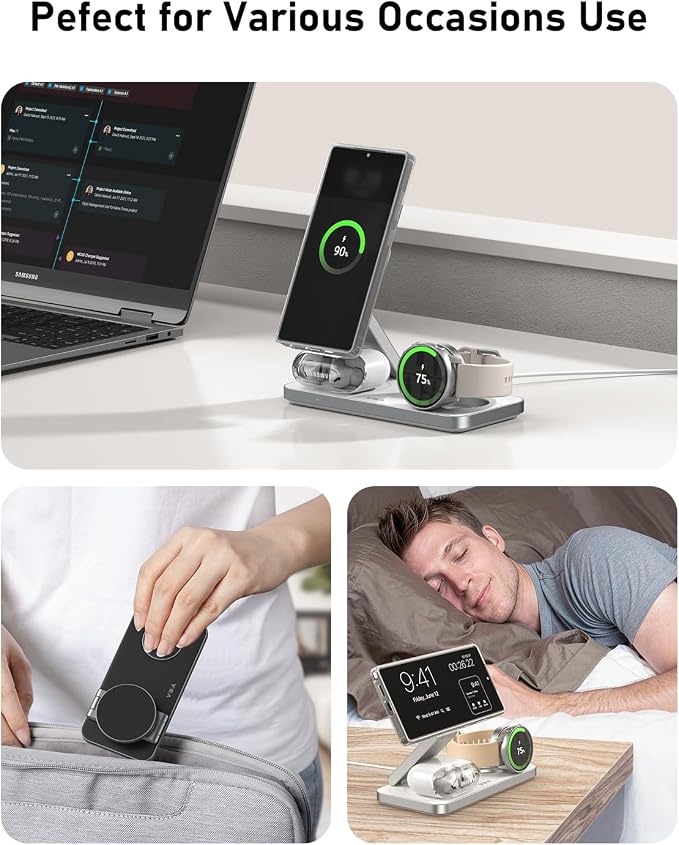 3 in 1 Foldable Magnetic Wireless Charging Station for Samsung, Wireless Charger Stand for Galaxy S26 Ultra S25/S24 /Note 20/Flip 7/Fold 7, for Galaxy Watch Ultra/8/7/6,Galaxy Buds 3/3 Pro