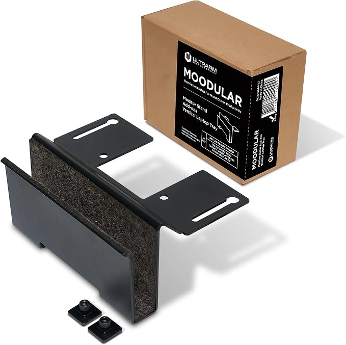 Moodular Vertical Laptop Tray Add-On for Rails, Do Not Use Alone | Accessory Only, Clamshell Mode, Fits Laptops & Tablets Under 0.7", Saves Desk Space, Felt-Lined, Steel, Black, MSA-VLT