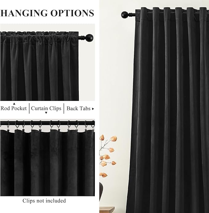 AUSSPVOCT 90 Inch Black Velvet Curtains for Bedroom, Thermal Insulated Light Reducing Blackout Drapes, Back Tab & Rod Pocket Super Soft Luxury Soundproof Curtain for Living Room, W52 x L90, 2 Panels