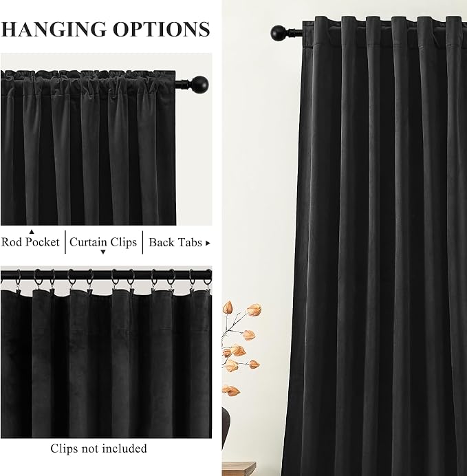 Black Velvet Blackout Curtains 96 Inches for Bedroom, Thermal Insulated Soundproof Room Darkening Drapes, Super Soft Luxury Window Curtain for Living Room, Back Tab Rod Pocket, W52 x L96, 2 Panels