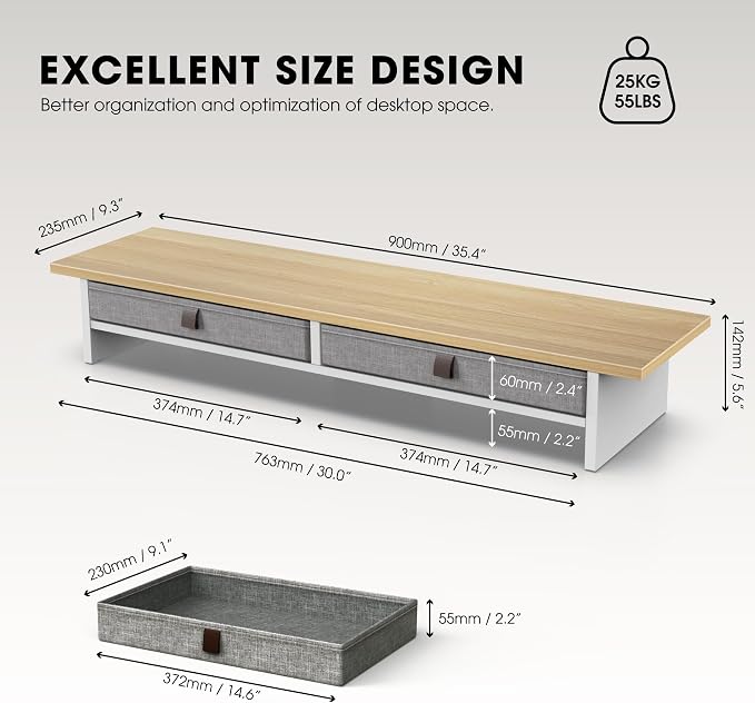 Fenge 35 Inch Monitor Stand with Drawer Storage, Computer Riser for Desk | Wooden Computer Shelf, 2 Tiers, for Dual Monitor/Laptop/PC/TV/Printer up to 55Lbs, Home Office Desk Organizer