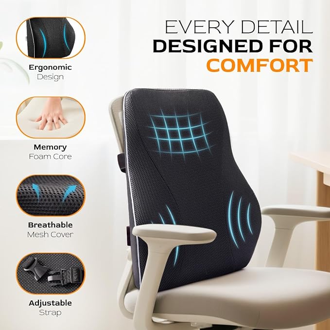 TULARIS Extra Dense Lumbar Support Pillow with Double Adjustable Straps - Ergonomic Memory Foam Cushion for Office Chair, Car, Couch - Firm Back Support for Lower Back & Spine Pain Relief