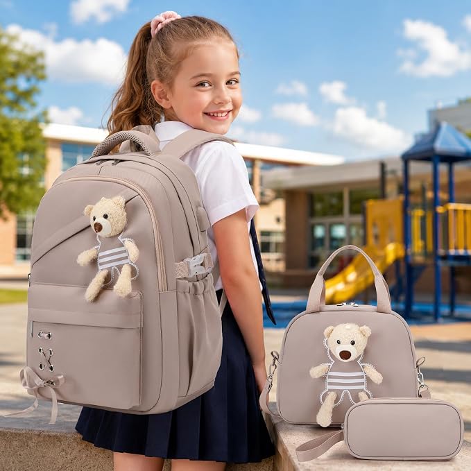ACESAK School Backpack for Girls - 3 PCS Cute Girls Backpack with Lunch Box & Pencil Case - Kawaii Casual Kids Bookbag School Bag Daypacks Set for Elementary Middle High School Student Teens (Khaki)