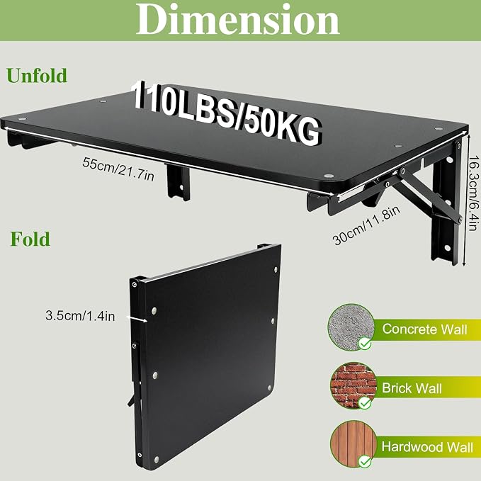 Wooden Folding Shelf Wall Mounted for Small Space, Wall Table for Living Room Bedroom Decor, Home Office Fold Down Desk, Media Shelves with Heavy-Duty Brackets Holds Up to 30lbs, 21.6"*11.8", Black