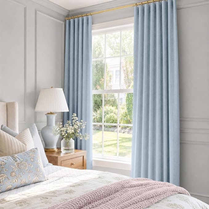 INOVADAY 100% Blackout Curtains for Bedroom, Black Out Curtains 96 Inch Long, Clip Rings Linen Blackout Drapes, Thermal Insulated Room Darkening for Living Room, 2 Panels - Chambray Blue,W50xL96