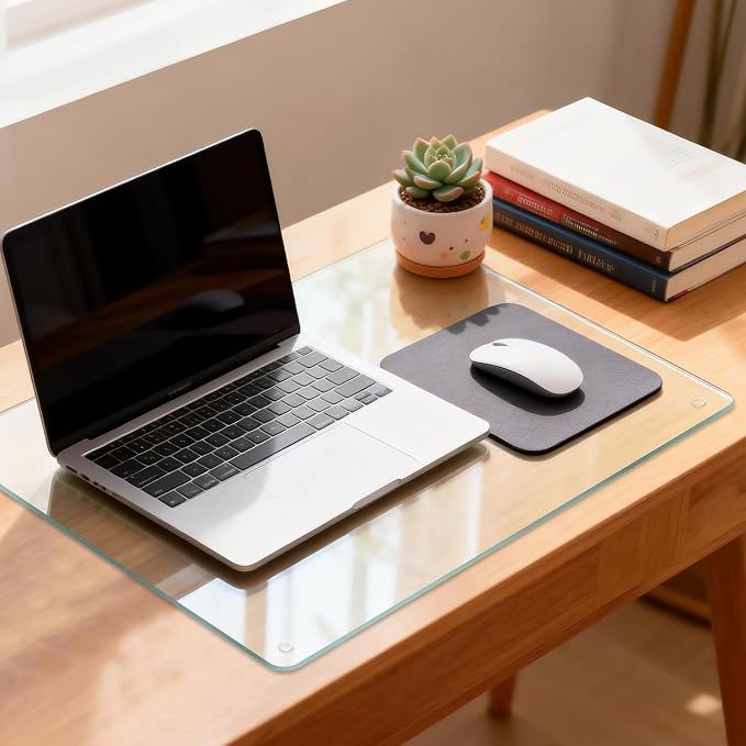 VASUHOME 24" x 18" Clear Tempered Glass Desk Mat - Multi-Functional Desk Pad for Keyboard and Monitor Protection, Dry Erase Surface, Ideal Table Top Protector for Home & Office