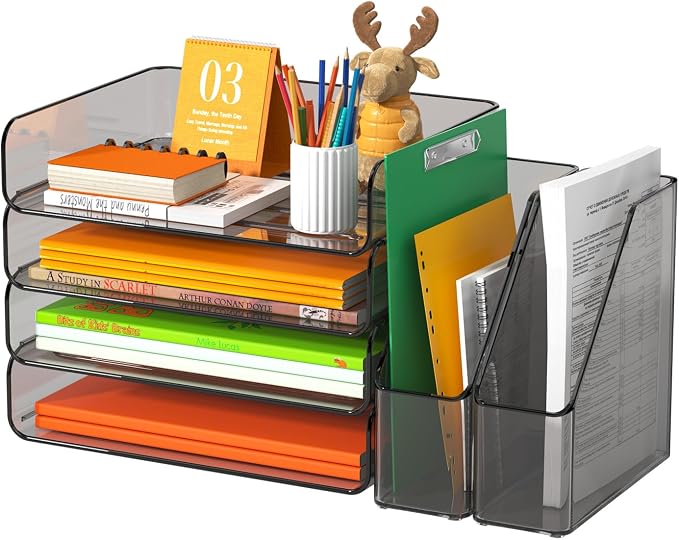 FANXIYQ 4-Tier Brown Acrylic Paper Tray Organizer with 2 Bookends | Tool-Free Stackable 1-4 Tier Design with 2 Bookends for Files, Folders and A4 Paper; For School, Home Office and Study Room